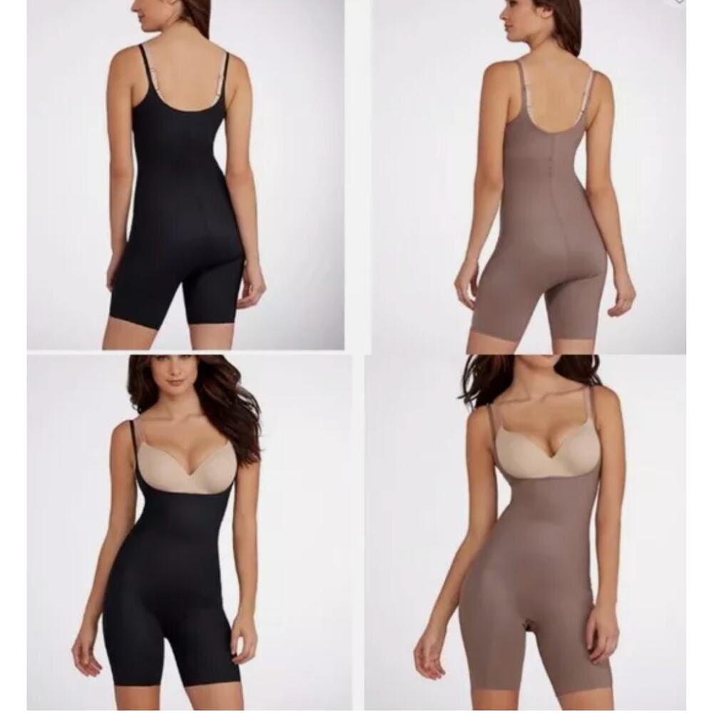 New SPANX 10048R Open Bust Reversible Mid Thigh Bodysuit Black / Taupe XL